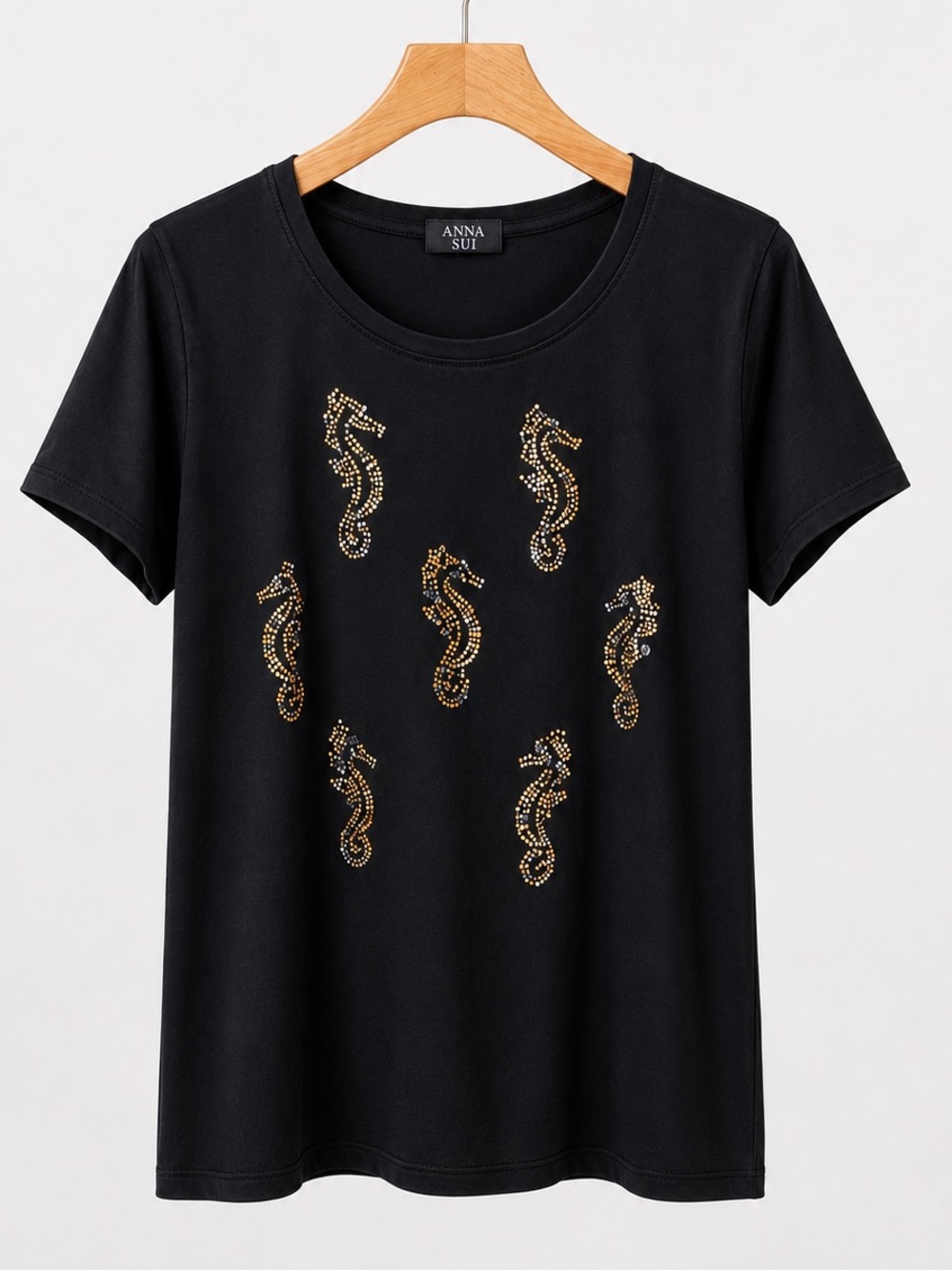 Anna Sui Seahorse Rhinestone Embellished Black Tee Relaxed Fit Short Sleeve TopM